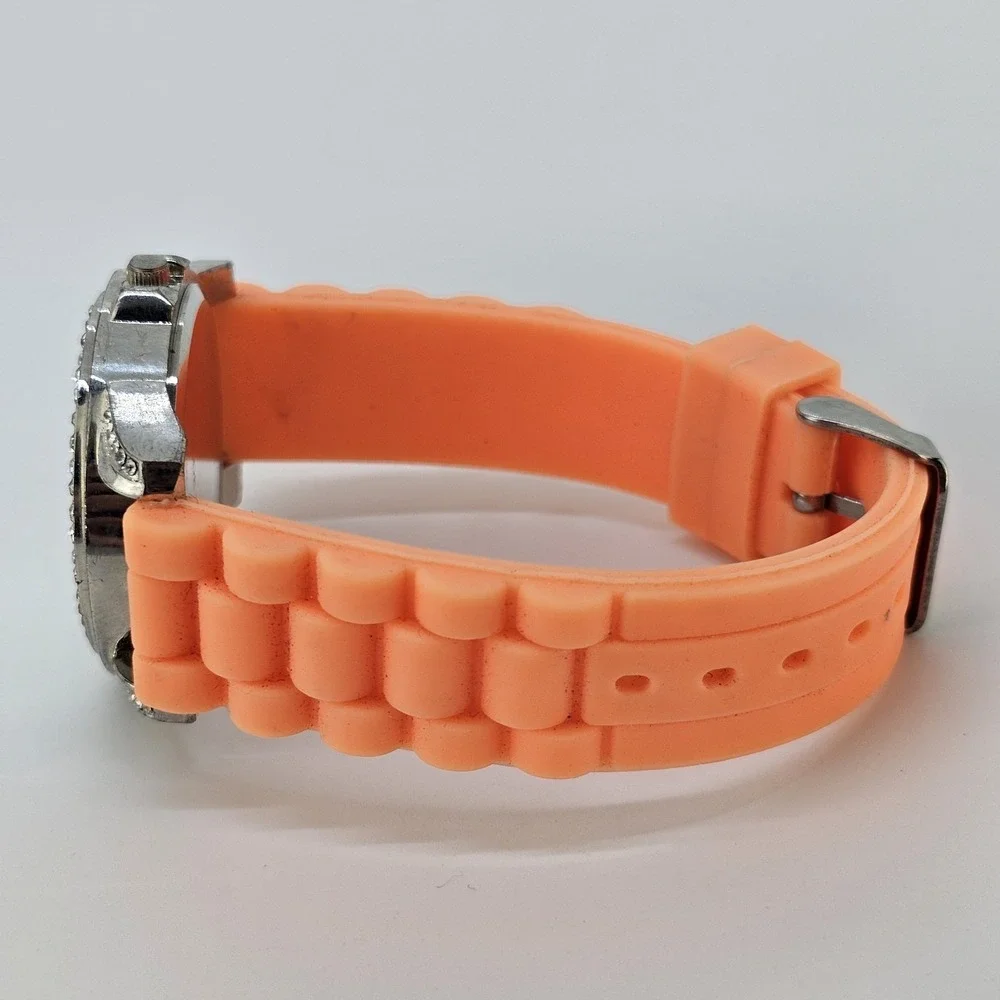 Women Analog Watch 41MM Gray Dial Crystal Bezel Orange Plastic Bands NEW Battery